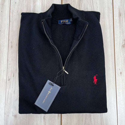 Πλεκτή μπλούζα Polo με μισό φερμουάρ μαύρη