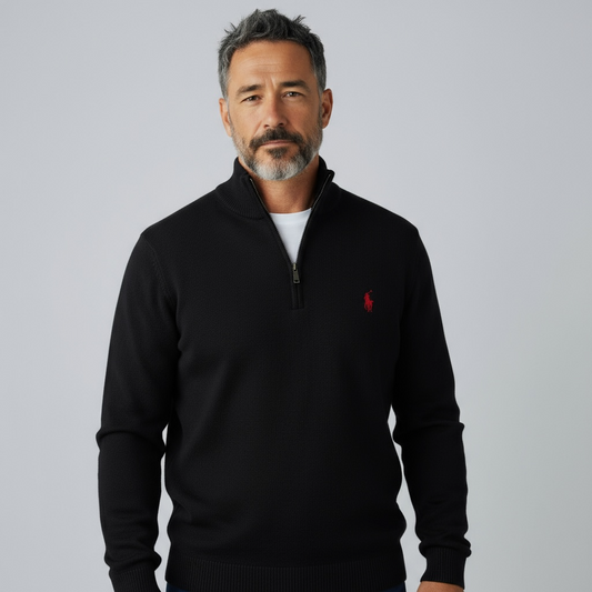 Πλεκτή μπλούζα Polo με μισό φερμουάρ μαύρη