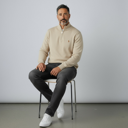 Πλεκτή μπλούζα polo με μισό φερμουάρ μπεζ