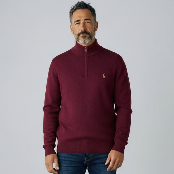Πλεκτή μπλούζα polo με μισό φερμουάρ μπορντό