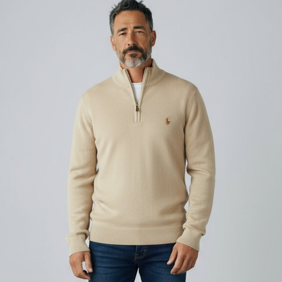 Πλεκτή μπλούζα polo με μισό φερμουάρ μπεζ