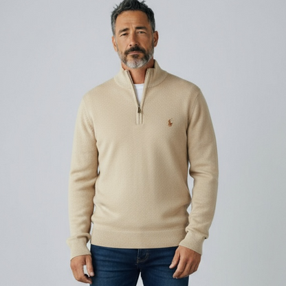 Πλεκτή μπλούζα polo με μισό φερμουάρ μπεζ