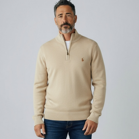 Πλεκτή μπλούζα polo με μισό φερμουάρ μπεζ