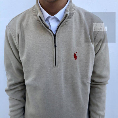 Πλεκτή μπλούζα polo με μισό φερμουάρ μπεζ