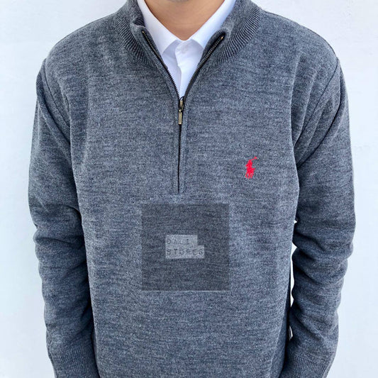 Πλεκτή μπλούζα polo με μισό φερμουάρ grey