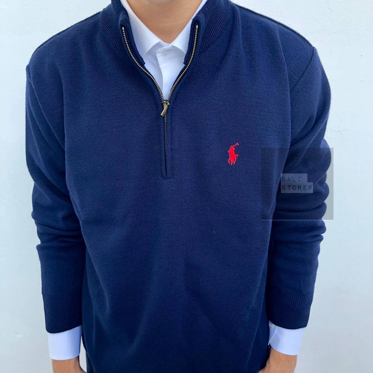 Πλεκτή μπλούζα polo με μισό φερμουάρ navy blue