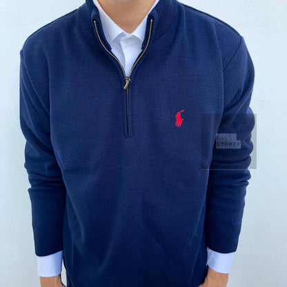 Πλεκτή μπλούζα polo με μισό φερμουάρ navy blue